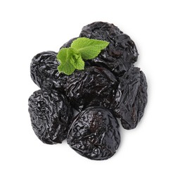 Photo of Tasty dried plums (prunes) and mint leaves on white background, top view
