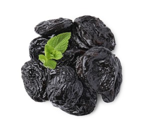 Photo of Tasty dried plums (prunes) and mint leaves isolated on white, top view