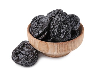 Photo of Tasty dried plums (prunes) in wooden bowl on white background