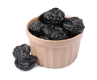 Photo of Tasty dried plums (prunes) in bowl on white background