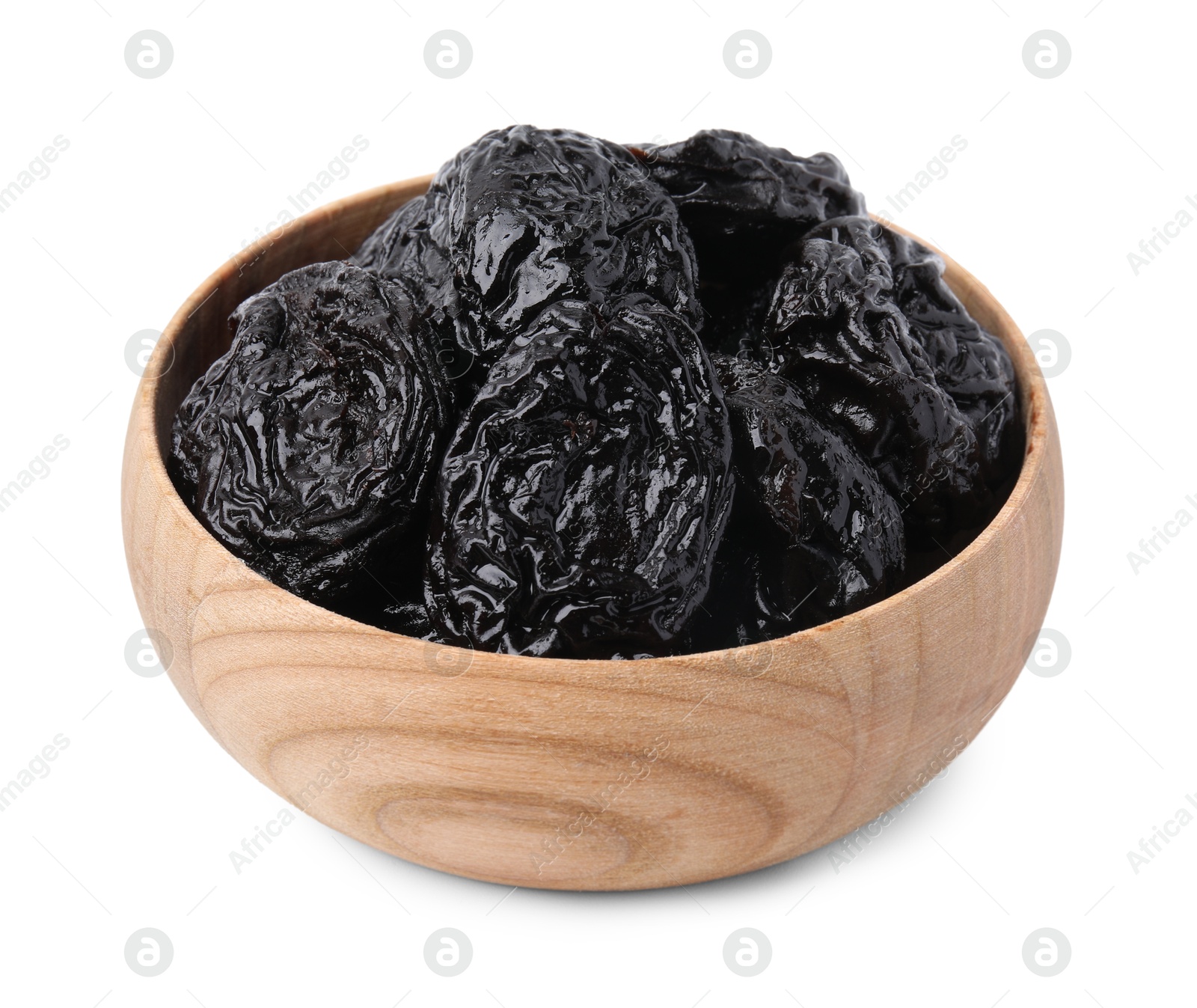 Photo of Tasty dried plums (prunes) in wooden bowl on white background