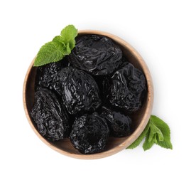 Photo of Tasty dried plums (prunes) and mint leaves in bowl on white background, top view
