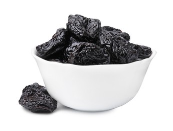 Photo of Tasty dried plums (prunes) in bowl on white background