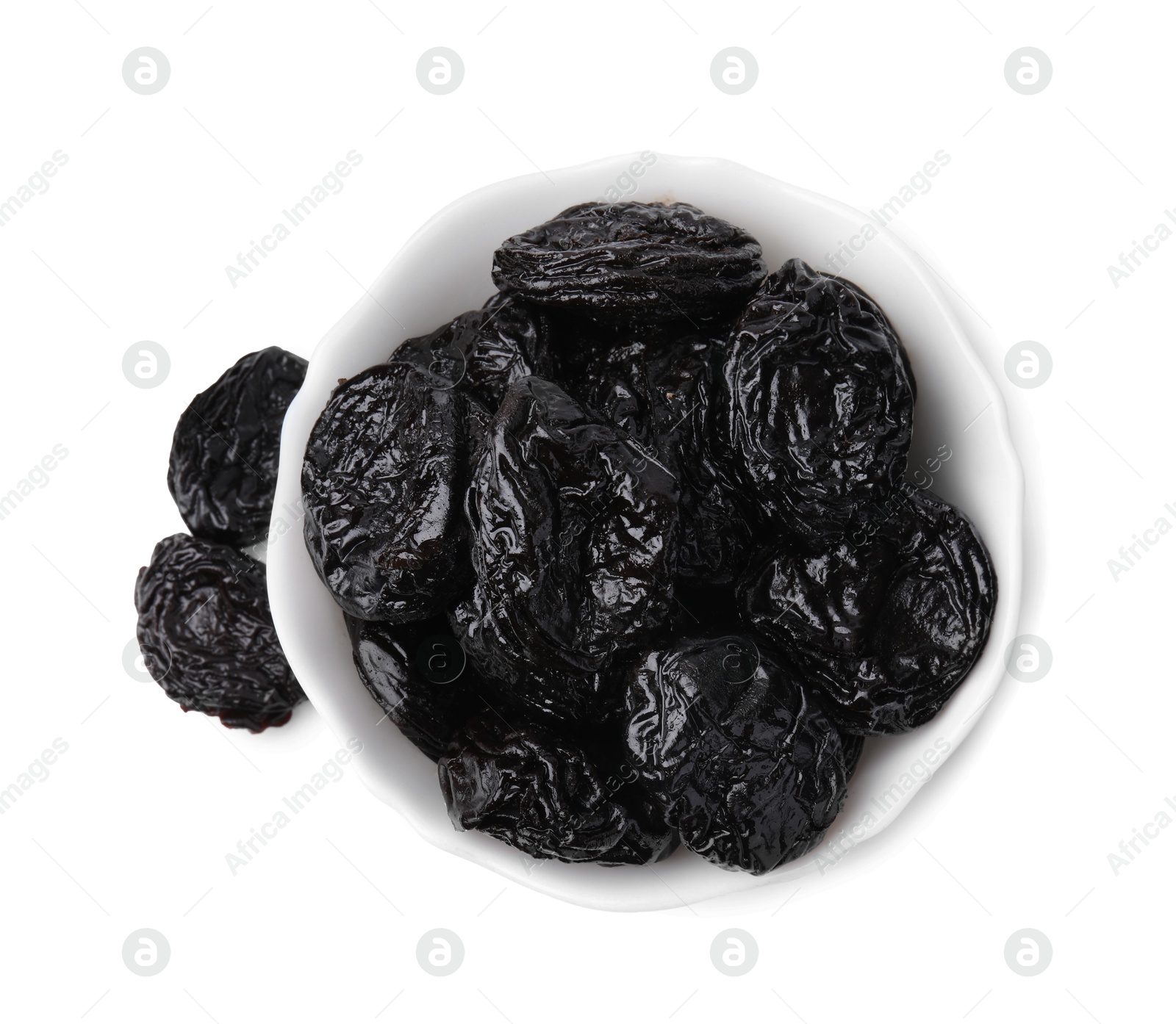 Photo of Tasty dried plums (prunes) on white background, top view