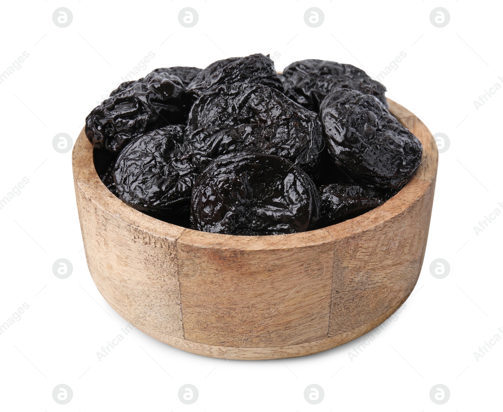 Photo of Tasty dried plums (prunes) in wooden bowl on white background