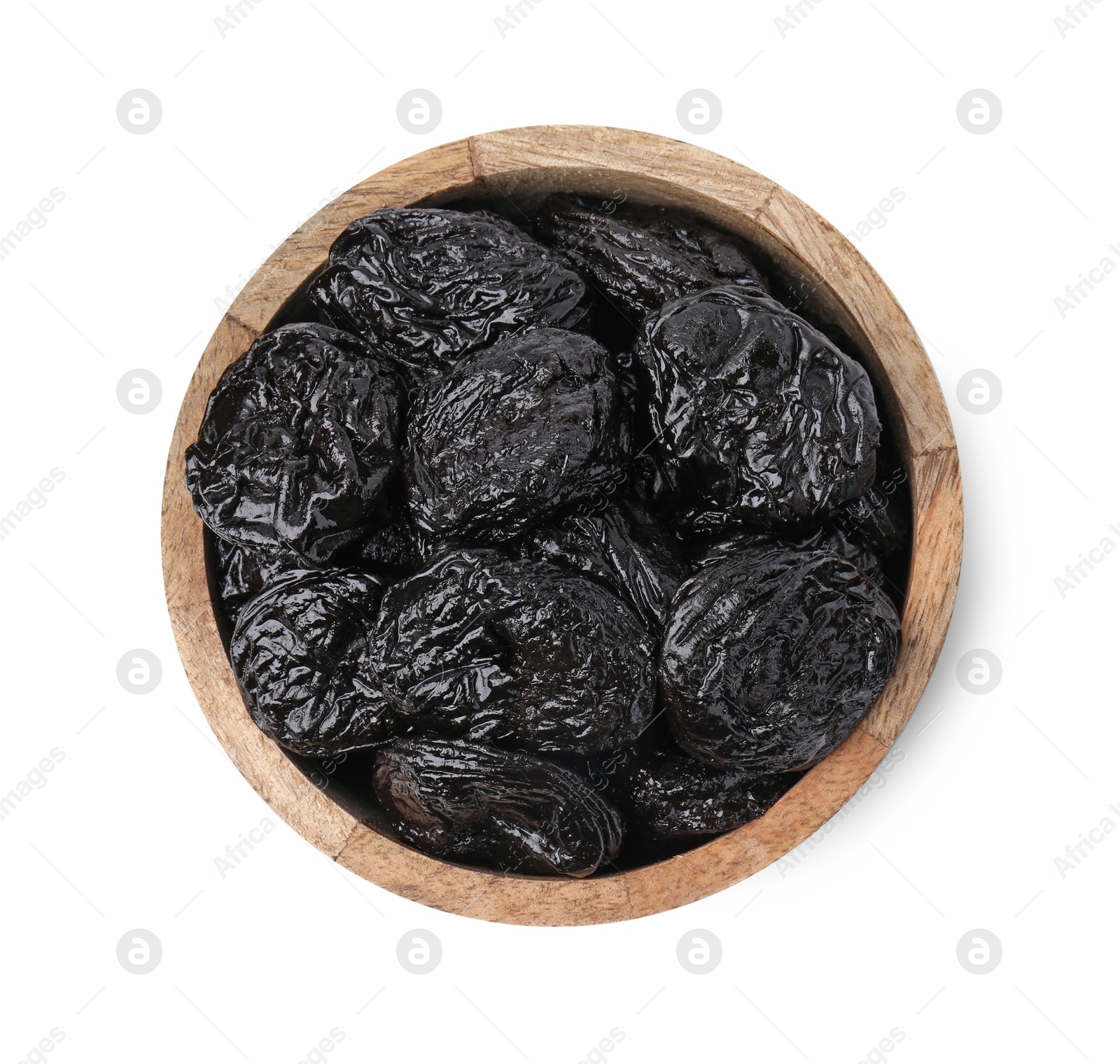 Photo of Tasty dried plums (prunes) in bowl on white background, top view