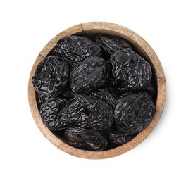 Photo of Tasty dried plums (prunes) in bowl on white background, top view