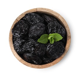 Photo of Tasty dried plums (prunes) and mint leaves in bowl on white background, top view