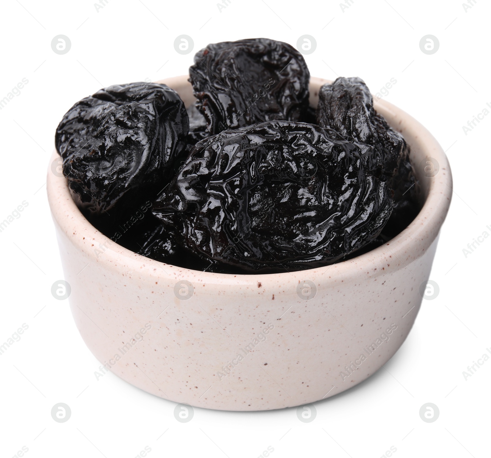 Photo of Tasty dried plums (prunes) in bowl on white background