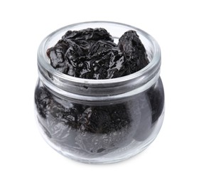 Photo of Tasty dried plums (prunes) in glass jar on white background