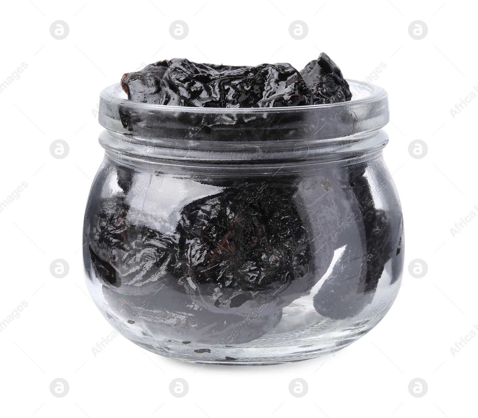 Photo of Tasty dried plums (prunes) in glass jar on white background