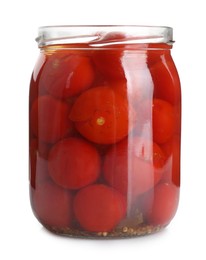 Photo of Tasty pickled tomatoes in jar isolated on white