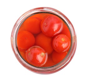 Photo of Tasty pickled tomatoes in jar isolated on white, top view