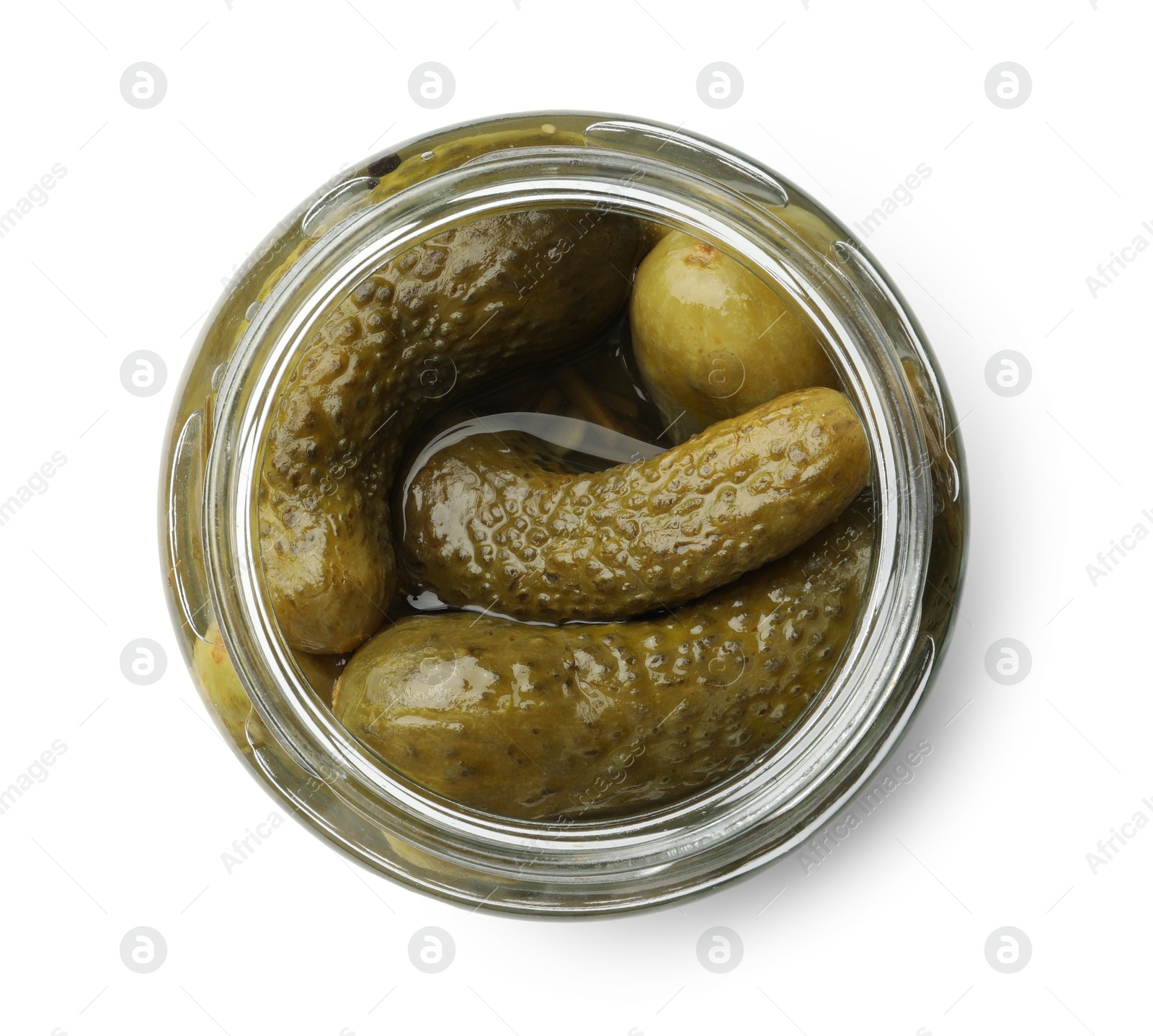 Photo of Pickled cucumbers in jar isolated on white, top view