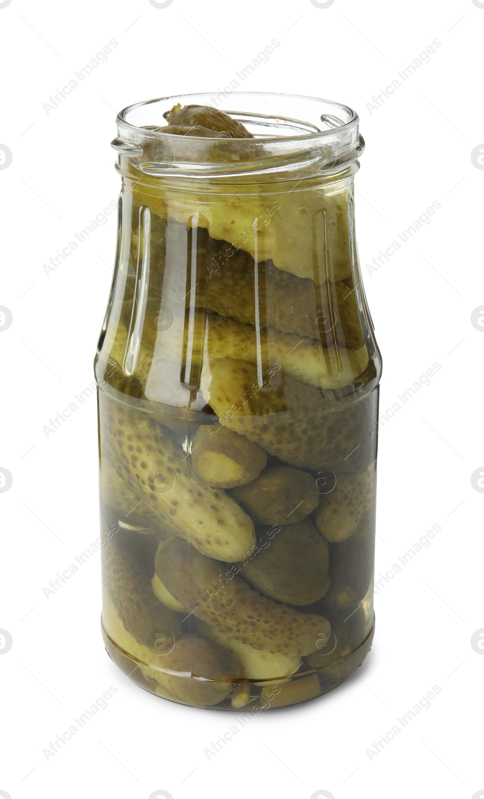 Photo of Pickled cucumbers in jar isolated on white