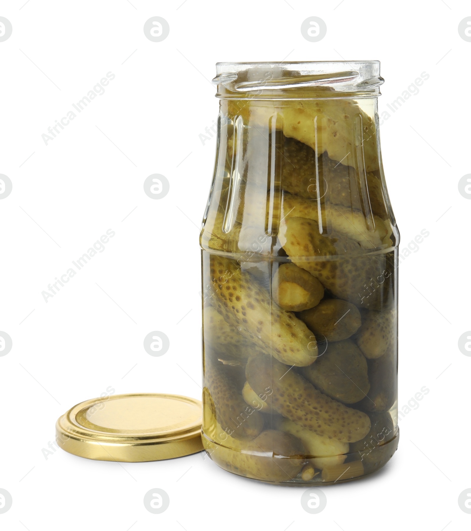 Photo of Pickled cucumbers in jar isolated on white