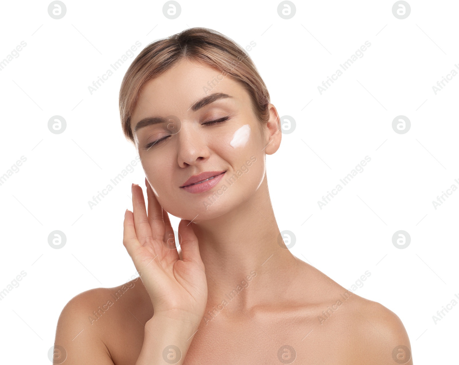 Photo of Beautiful woman with cream on her face against white background