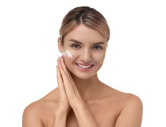 Photo of Beautiful woman with cream on her face against white background