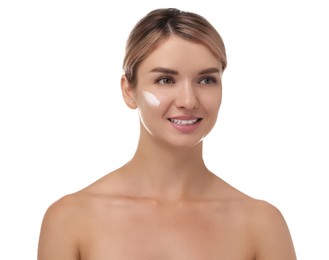 Photo of Beautiful woman with cream on her face against white background