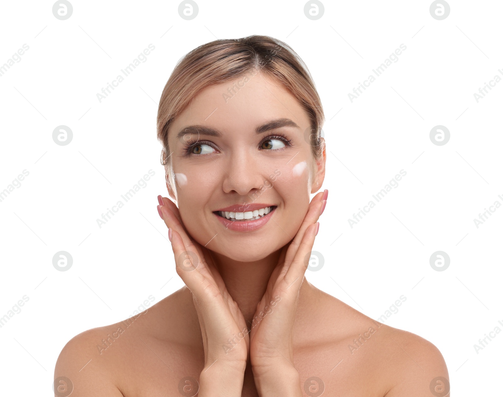 Photo of Beautiful woman with cream on her face against white background