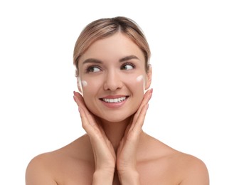 Photo of Beautiful woman with cream on her face against white background
