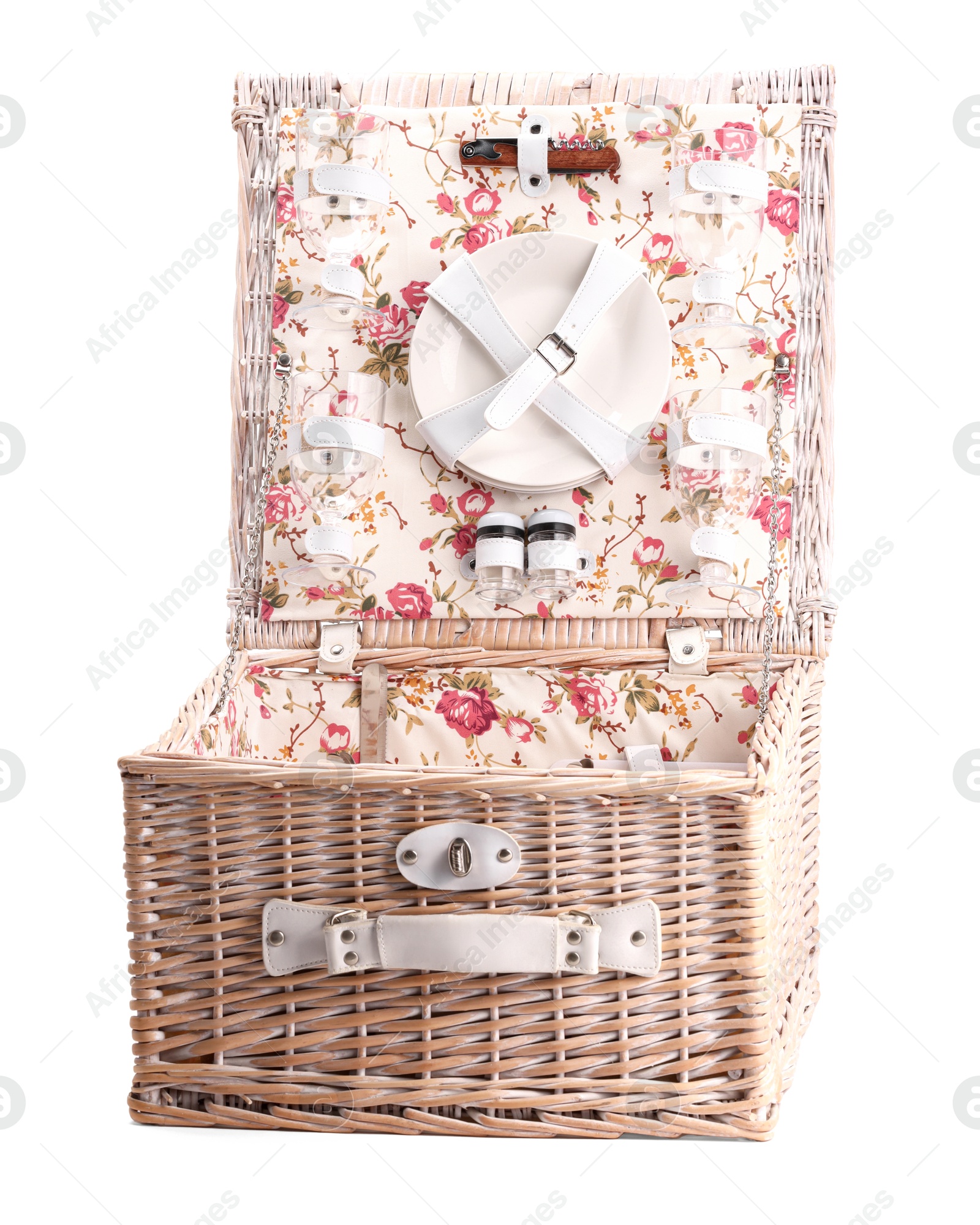 Photo of One open picnic basket with tableware isolated on white