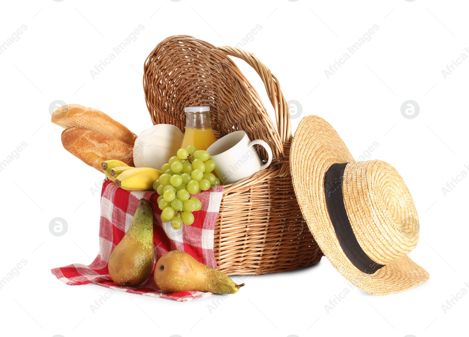 Photo of Picnic basket with food and drink isolated on white