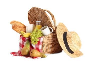 Photo of Picnic basket with food and drink isolated on white