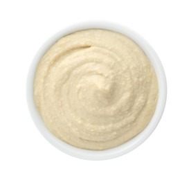 Photo of Delicious hummus in bowl isolated on white, top view