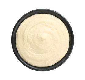 Photo of Delicious hummus in bowl isolated on white, top view