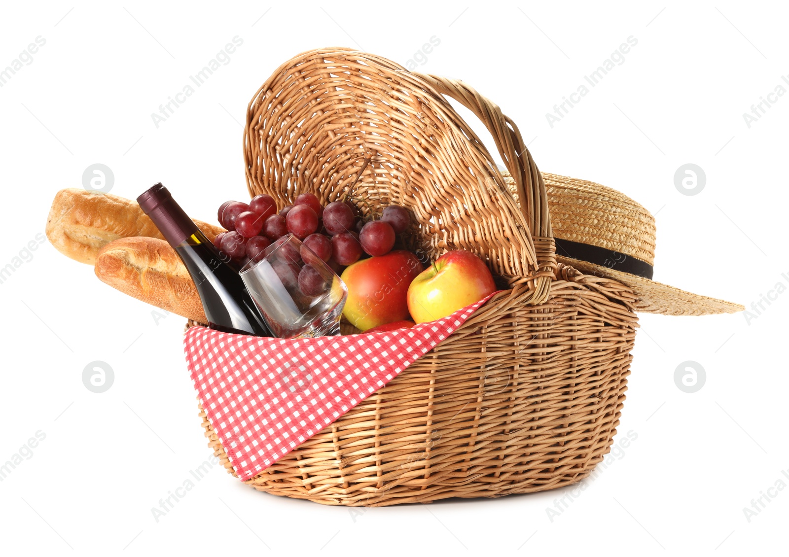 Photo of Picnic basket with food and wine isolated on white