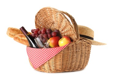 Photo of Picnic basket with food and wine isolated on white