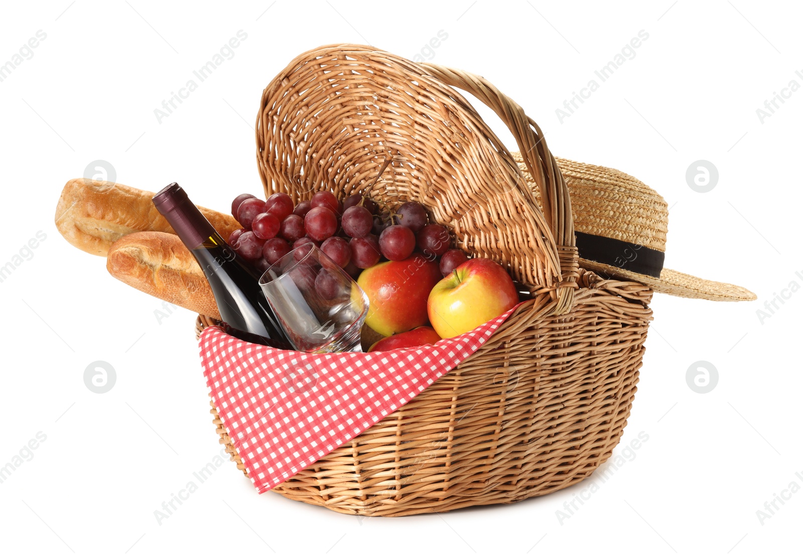 Photo of Picnic basket with food and wine isolated on white