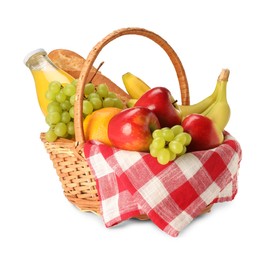 Photo of Picnic basket with food and drink isolated on white