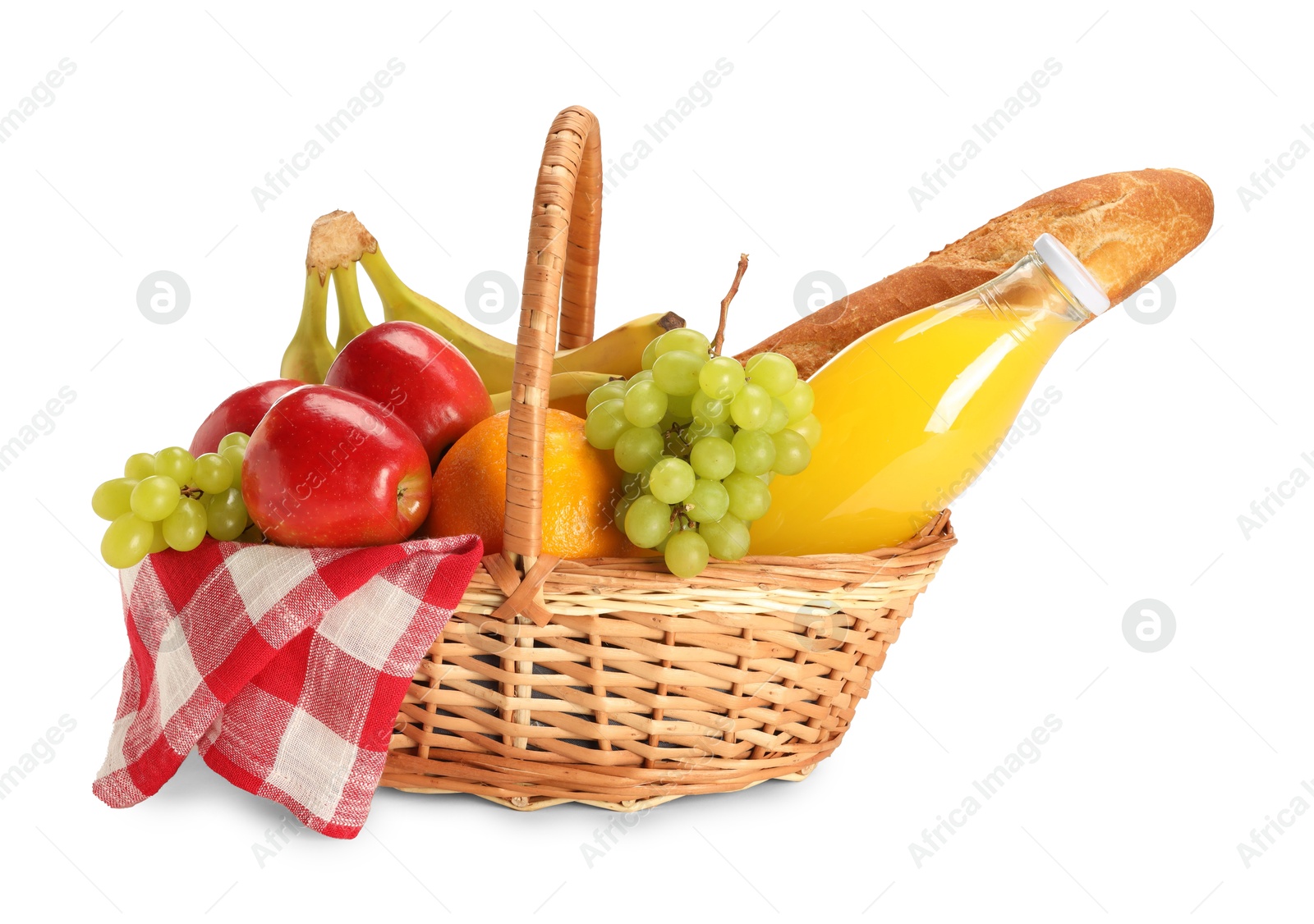 Photo of Picnic basket with food and drink isolated on white