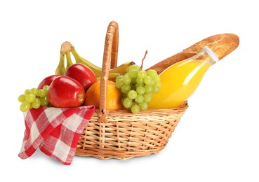 Photo of Picnic basket with food and drink isolated on white