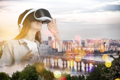 Developer using virtual reality headset in project. Modern technology. Double exposure of woman and cityscape