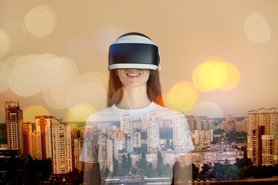 Image of Developer using virtual reality headset in project. Modern technology. Double exposure of woman and cityscape