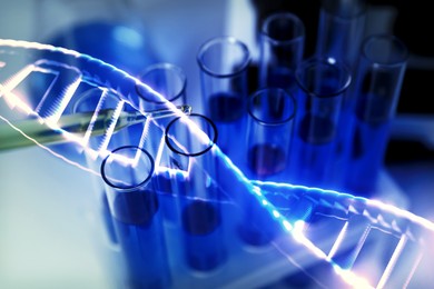 Image of Illustration of DNA and test tubes with samples, double exposure