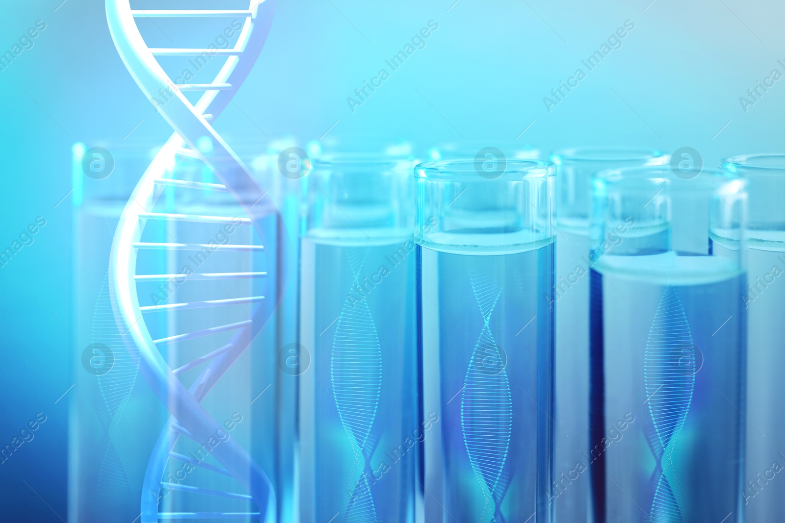 Image of Illustrations of DNA and test tubes with samples, double exposure