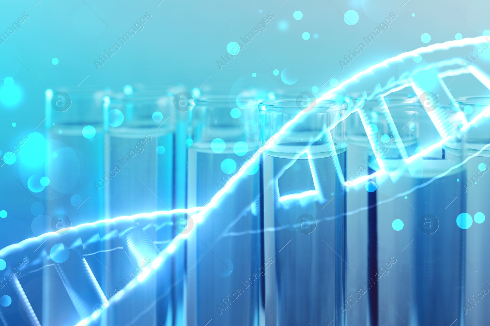 Image of Illustration of DNA and test tubes with samples, double exposure