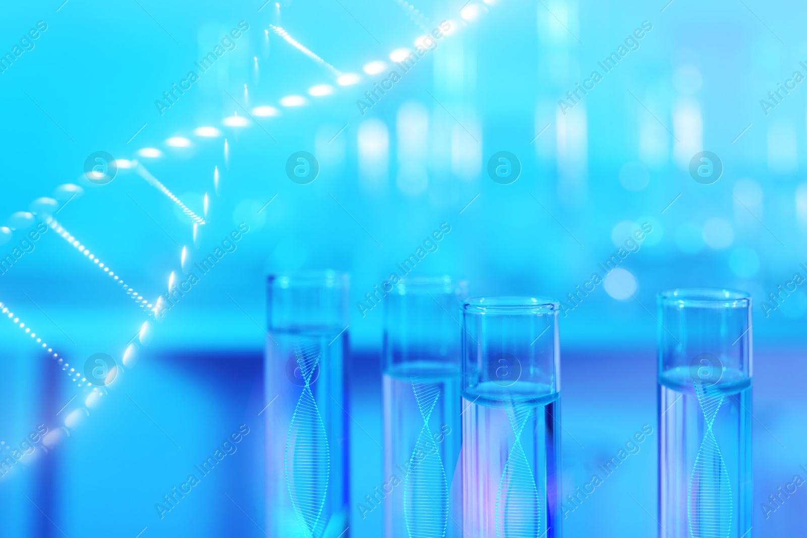 Image of Illustrations of DNA and test tubes with samples, double exposure