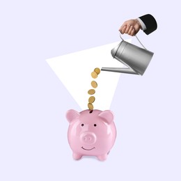 Image of Businessman with watering can pouring coins into piggy bank on color background, creative collage