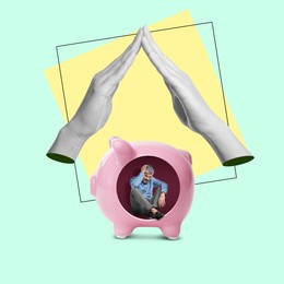 Image of Creative collage with sad man inside of piggy bank on color background