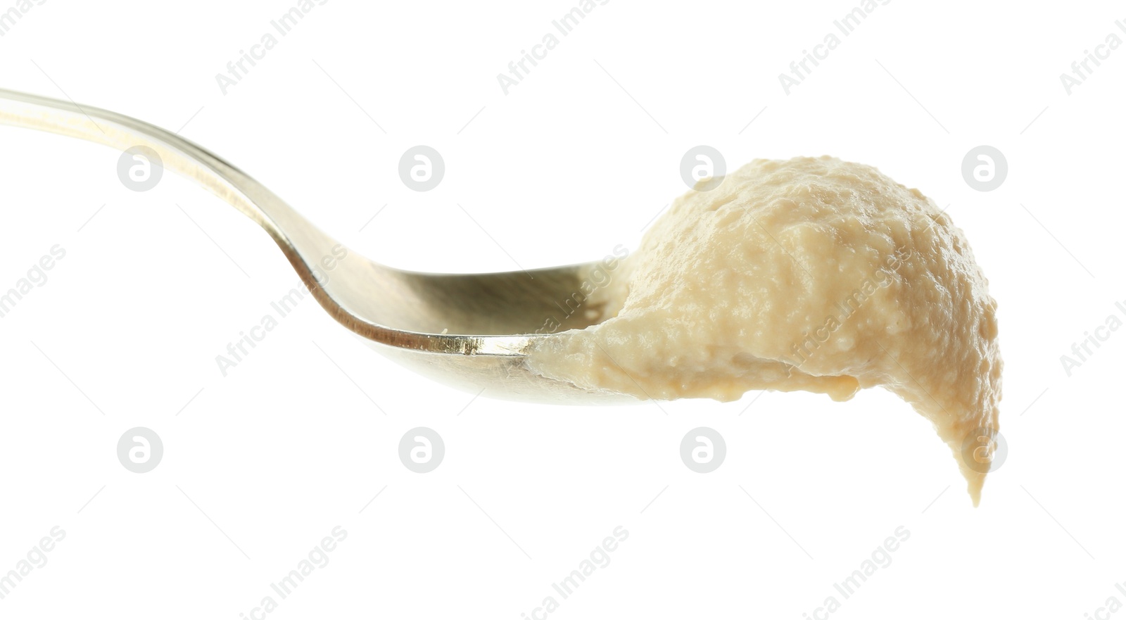 Photo of Spoon with delicious hummus isolated on white