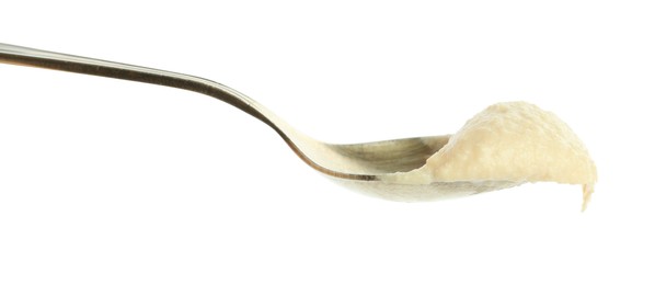 Spoon with delicious hummus isolated on white