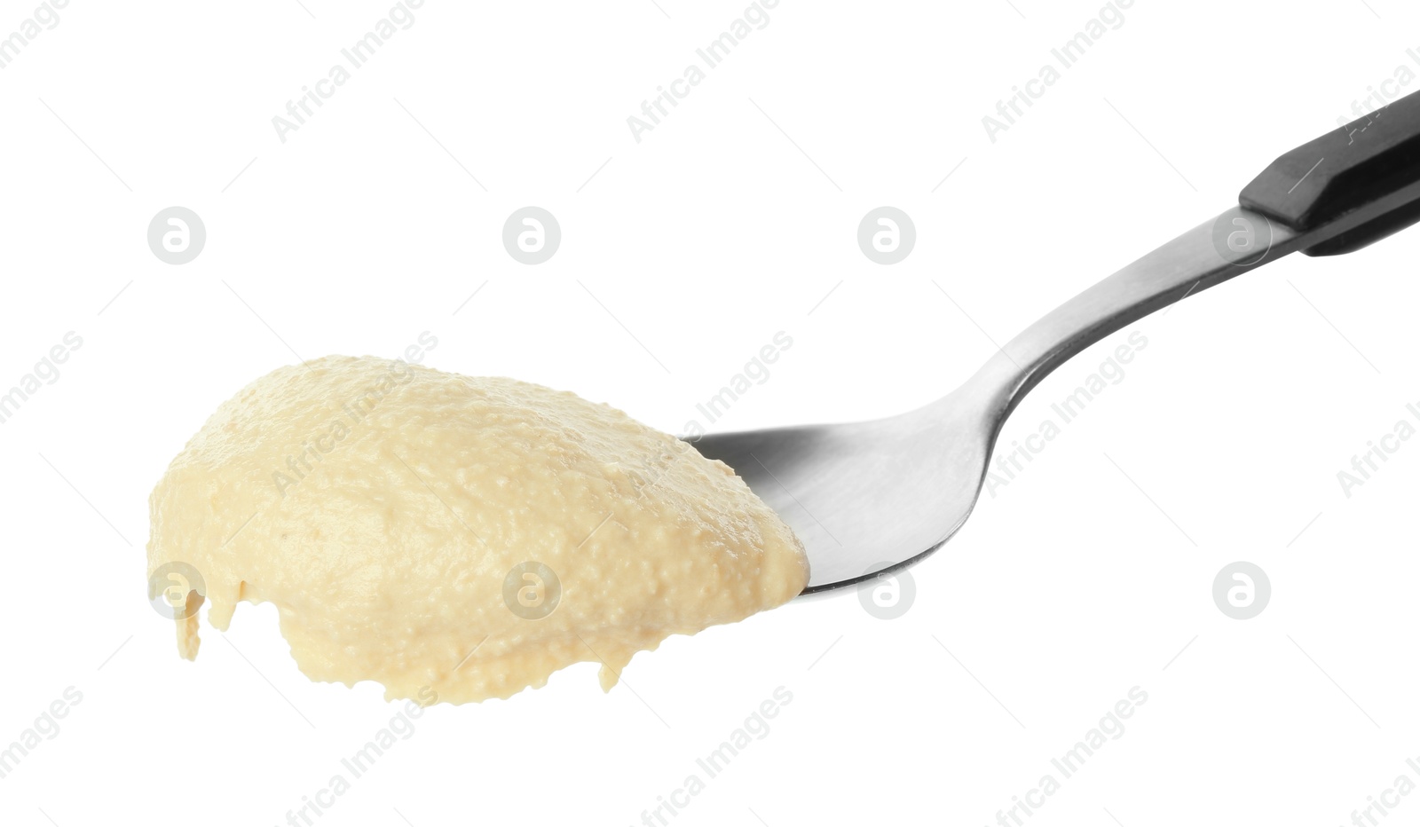 Photo of Spoon with delicious hummus isolated on white