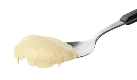 Photo of Spoon with delicious hummus isolated on white