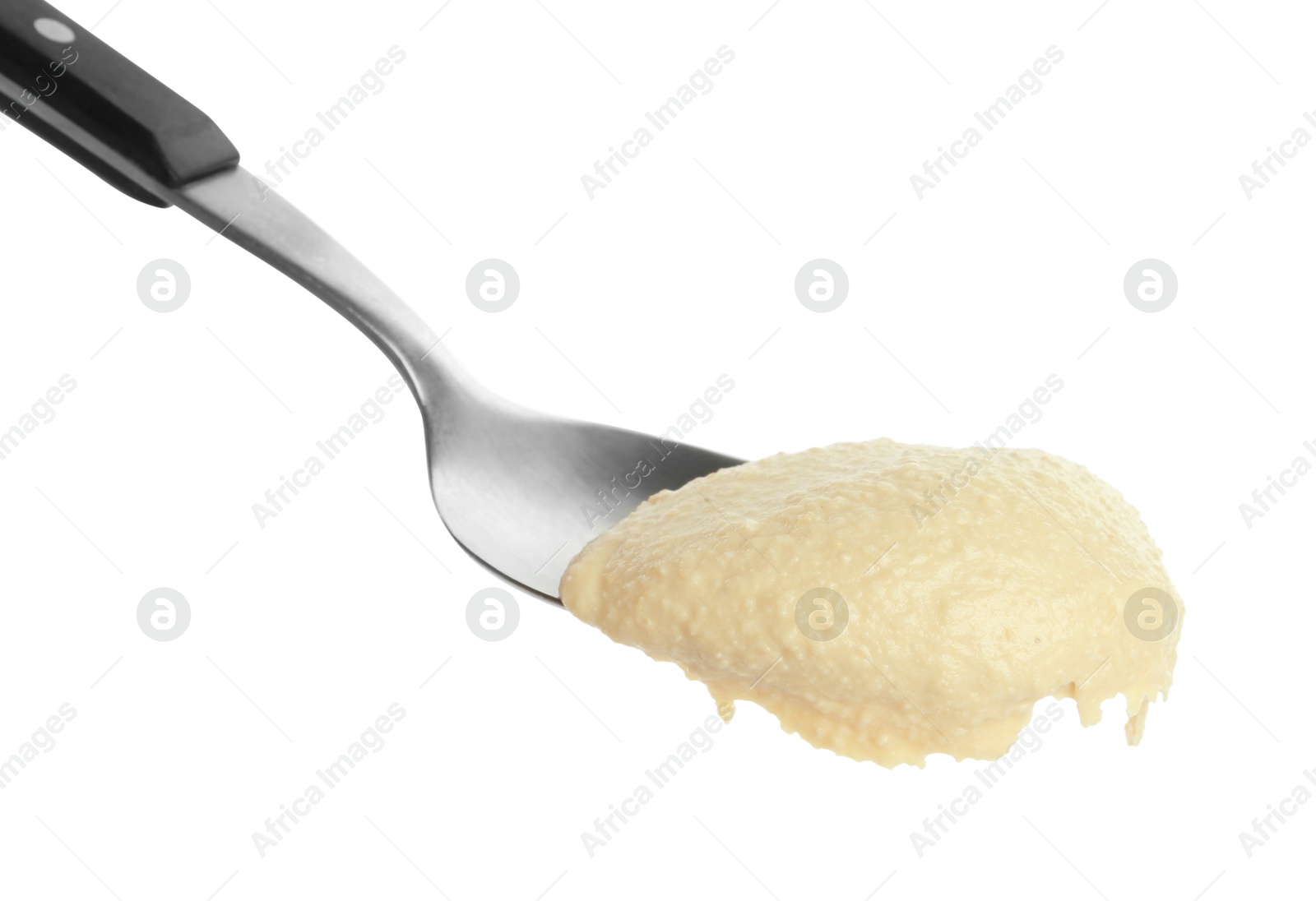 Photo of Spoon with delicious hummus isolated on white