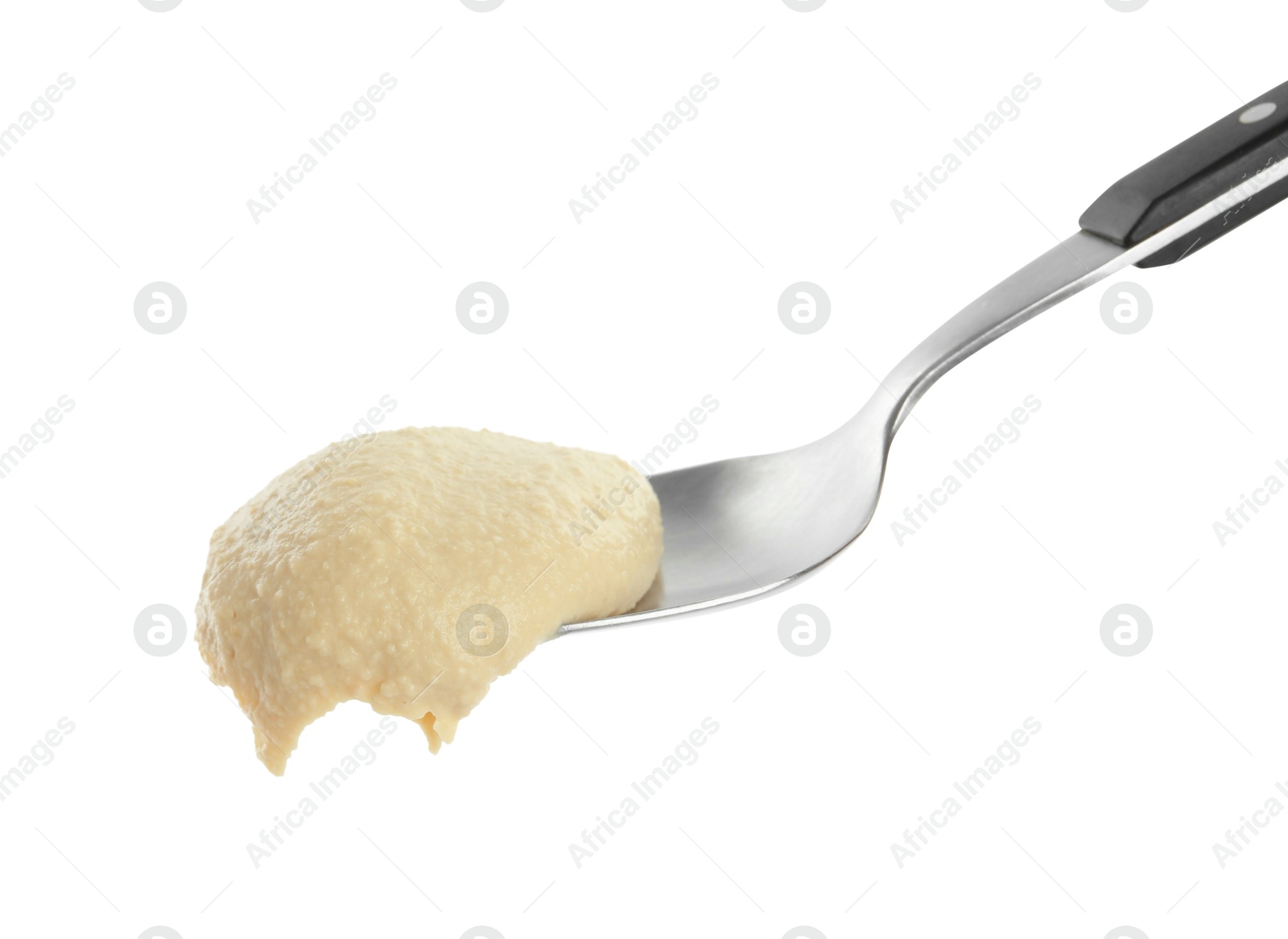 Photo of Spoon with delicious hummus isolated on white